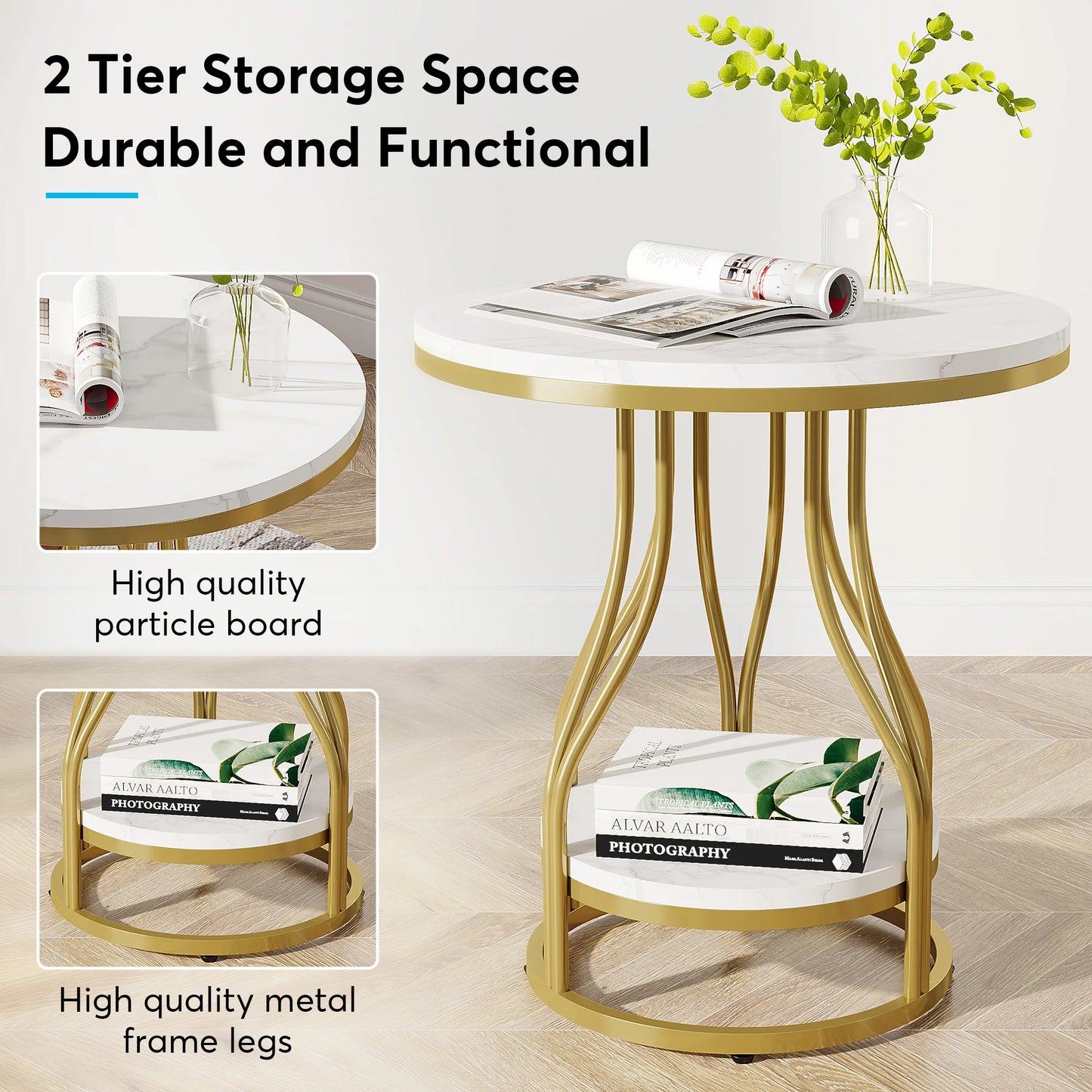 Round 2-Tier White Gold End Table