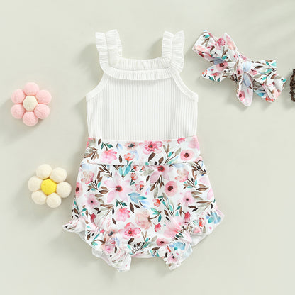 3-18M Baby Girls Shorts Set, Sleeveless Romper, Flower/Rainbow/Print Shorts, Hairband