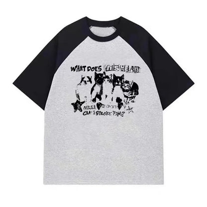 Patchwork Oversized Women T Shirt, Cat Print, Short Sleeve