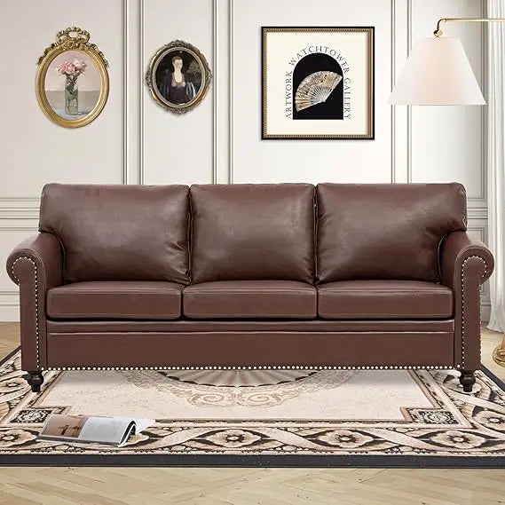 Brown Leather Couch/Sofa with Detachable Cushions 84" and Matching Chair (sold separately)