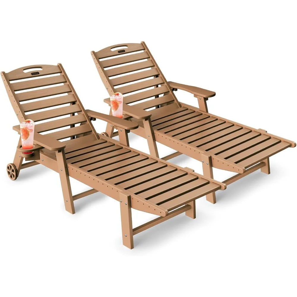 Set of 2, Outdoor Chaise Lounge with 6-Position with Wheels & Cup Holder