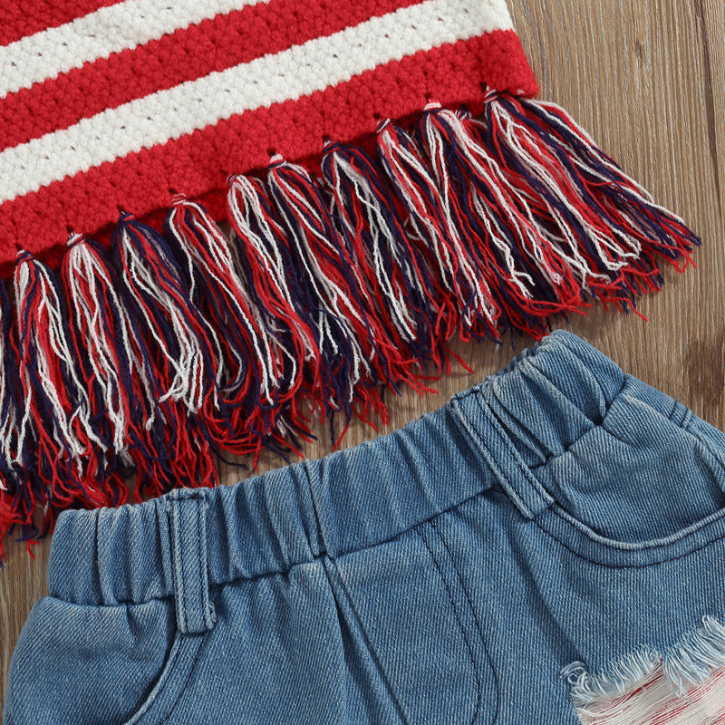 2Pc 2T-6T Toddler Girl  Independence Day Summer Set, Knit Vest Top Denim Shorts