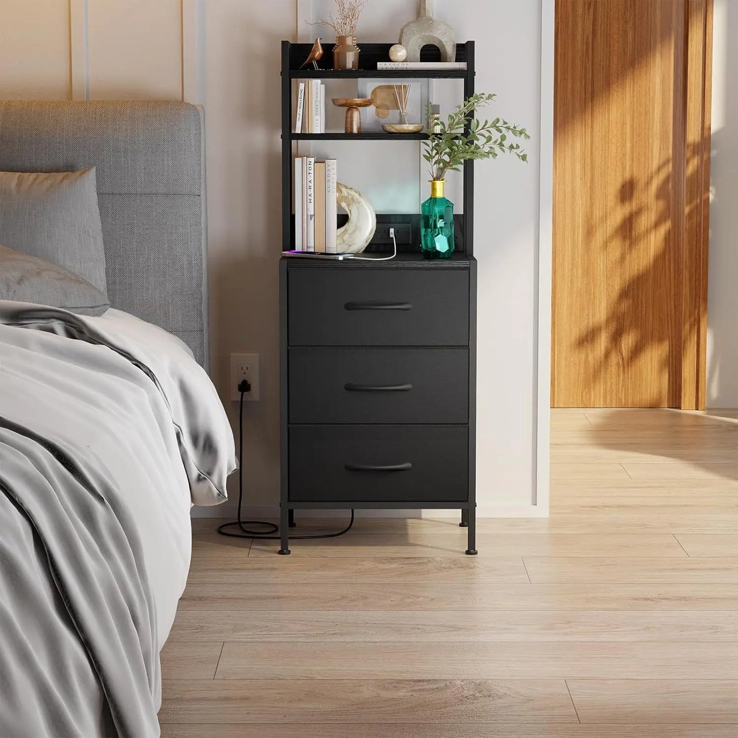 LED side table with U-S-B ports and sockets for charging piles, 3 drawers