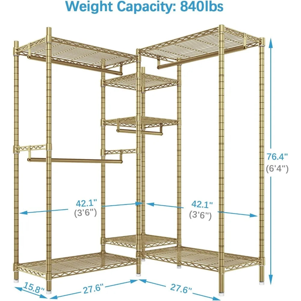 L Shaped Clothes Rack Heavy Duty Clothing Rack for Corner, 5-Tier Wire Garment Racks