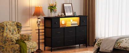 Black 55" TV Stand with 8 Drawers, Fabric Chest of Drawers, Power Outlets and LED Lights