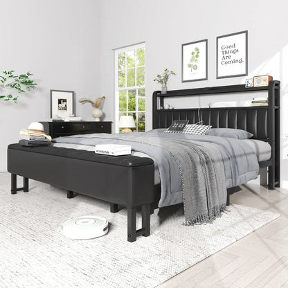 King Size Bed Frame with Star Projector & Charging Station, Headboard