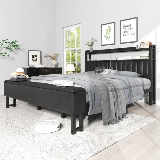 King Size Bed Frame with Star Projector & Charging Station, Headboard