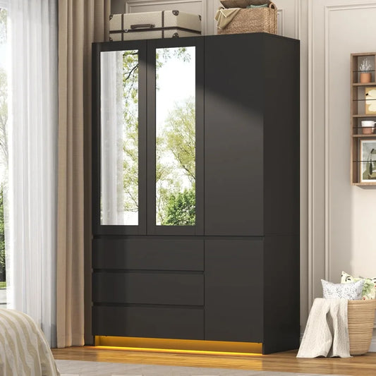 3 Door Armoire Wardrobe with 3 Drawers & Mirror, Hanging Rod, LED Lights