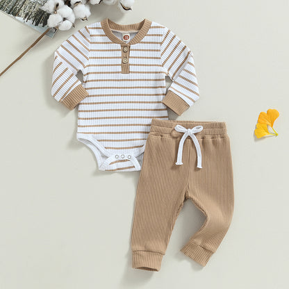 3-24MO Infant Boy Fall Outfits, Long Sleeve Striped Print Romper + Pants
