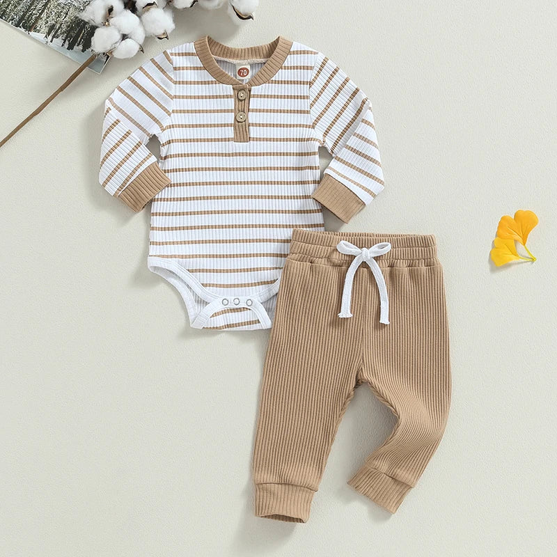 3-24MO Infant Boy Fall Outfits, Long Sleeve Striped Print Romper + Pants