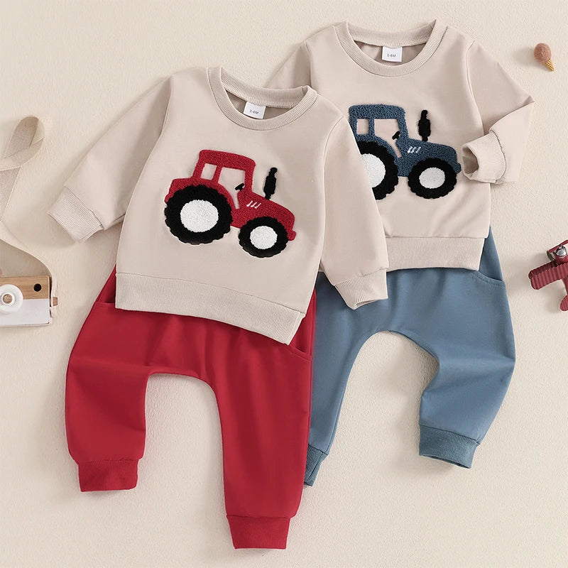 3-36 MO Boy Outfit, Tractor Embroidery Long Sleeve Sweatshirt with Solid Long Pants