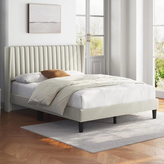Upholstered Platform Bed - Fabric Headboard with Wing Edge Design | Wooden Slats Support, Non-Slip & Noise-Free