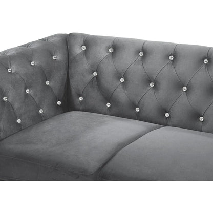 Glam Emma Velvet Two Seater Chesterfield Style Loveseat for Small Spaces with Crystal Button Tufts, Gray