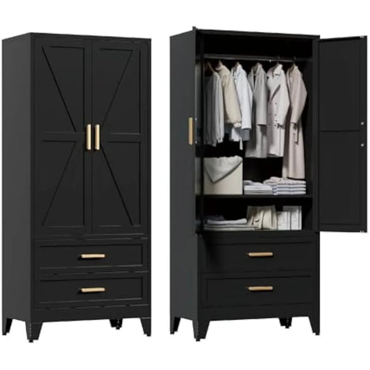 71'' Metal Wardrobe Cabinet with Hanging Rod, 2 Barn Door with Adjustable Shelves, 2 Drawer