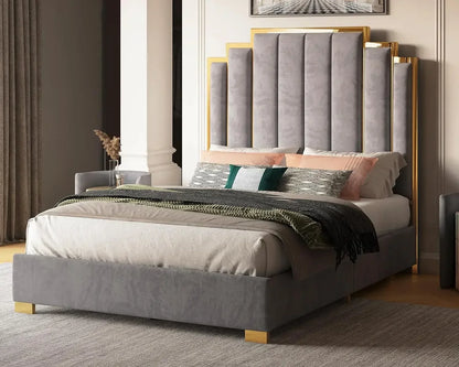65" Velvet Upholstered King Size Platform Bed Frame with Gold Trim Headboard/Wooden Slats/No Box Spring Needed/Green