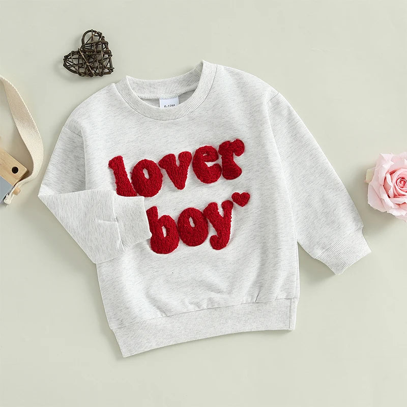 Toddler/Baby Boys Valentine's Day Sweatshirts, Long Sleeve, Crew Neck, Letter Embroidery