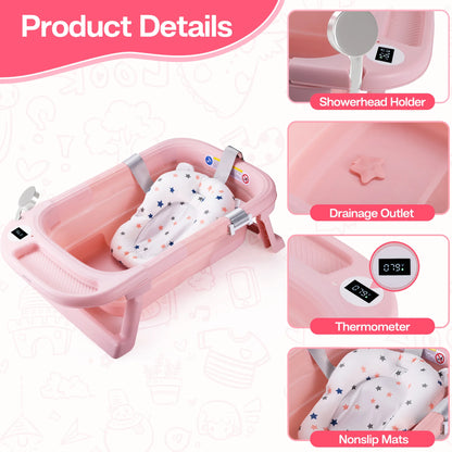 Baby Bath Tub with Soft Cushion & Thermometer, 0-36 Months,Portable Travel Baby Tub