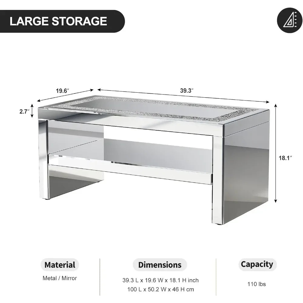 2 Tier Mirrored Coffee Table with Mirror Crystal Board