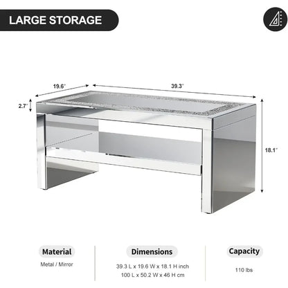 2 Tier Mirrored Coffee Table with Mirror Crystal Board