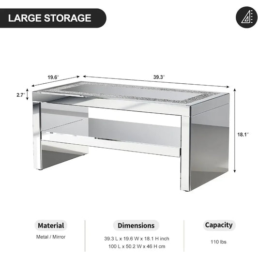 2 Tier Mirrored Coffee Table with Mirror Crystal Board