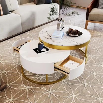 Modern Round Nesting Coffee Table with Drawers
