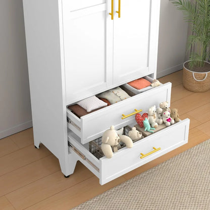 71" H Metal Armoire Wardrobe Closet with 2 Drawers, Adjustable Shelves, Clothes Drying Pole