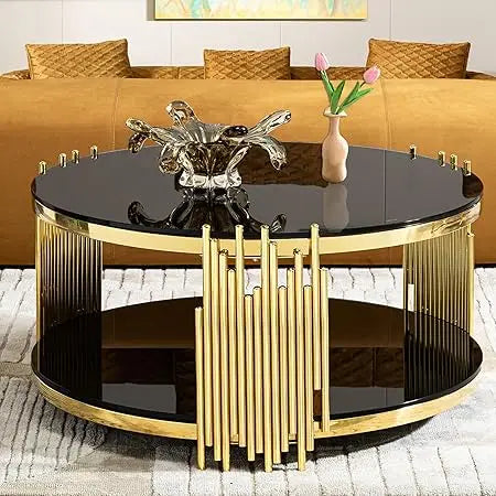 36" Modern Luxury Black Center, Gold Stainless Steel Irregular Leg Table