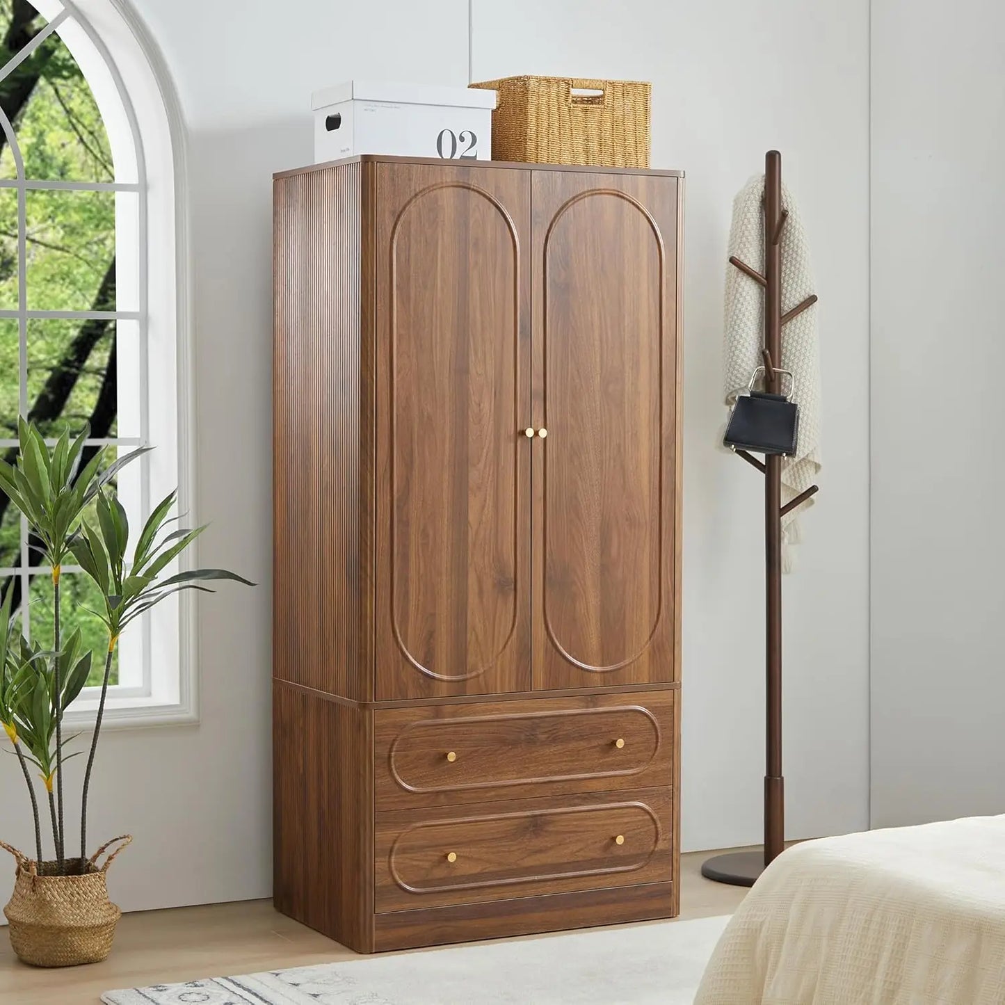 Freestanding Armoire Closet with 2 Doors and 2 Storage Drawers
