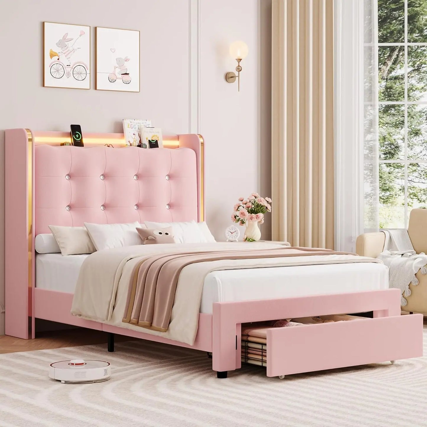 Upholstered Full LED Bed Frame with Charging Station and Storage Drawers, Platform Bed Frames
