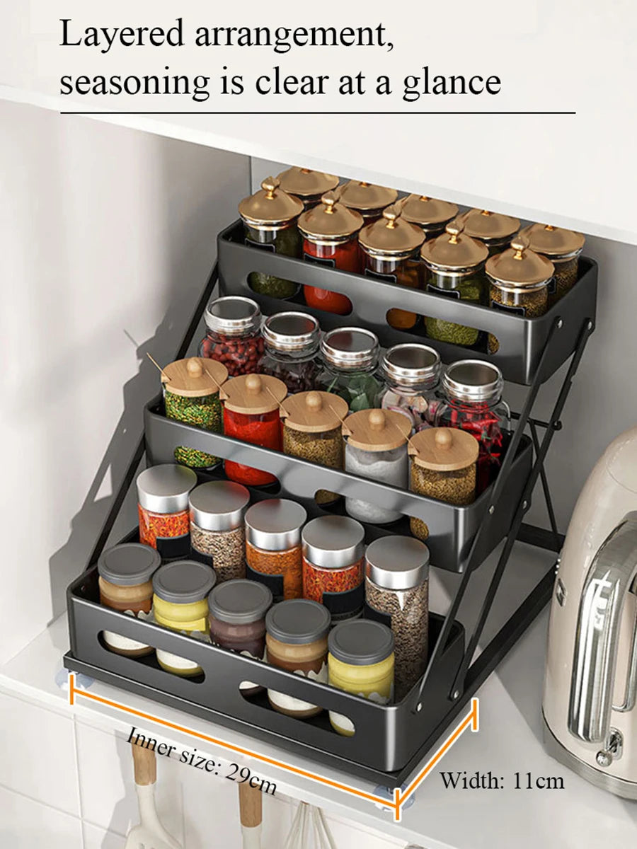 3-Layer Carbon Steel Kitchen Spice Rack Adjustable Height
