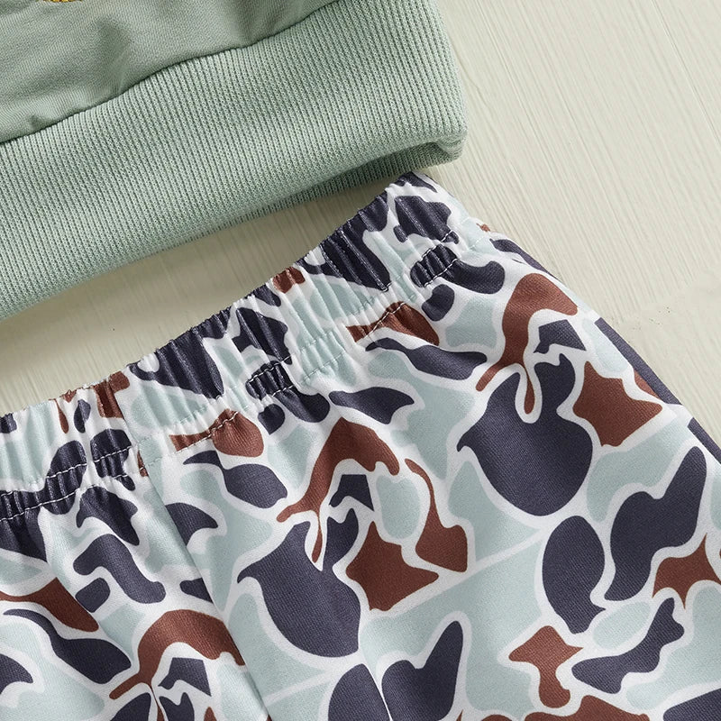 6MO-3T Spring Kids/Baby Boy Outfit Sets, Long Sleeve Duck Embroidery Pullover, Camouflage Pants