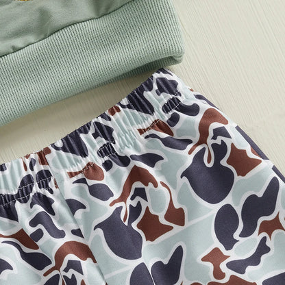 6MO-3T Spring Kids/Baby Boy Outfit Sets, Long Sleeve Duck Embroidery Pullover, Camouflage Pants