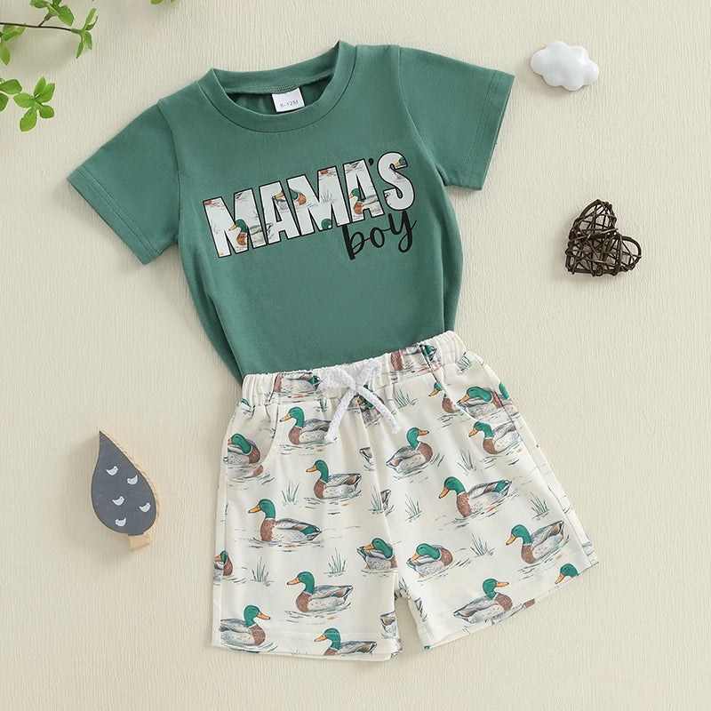 12M-4Y Boys Summer Shorts Sets, Short Sleeve, O Neck, Letter Print Tops and Duck Print Shorts Sets