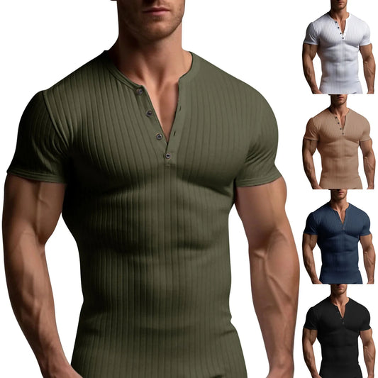 Muscle Slim Fit Short Sleeve T-shirt, V-neck Collar