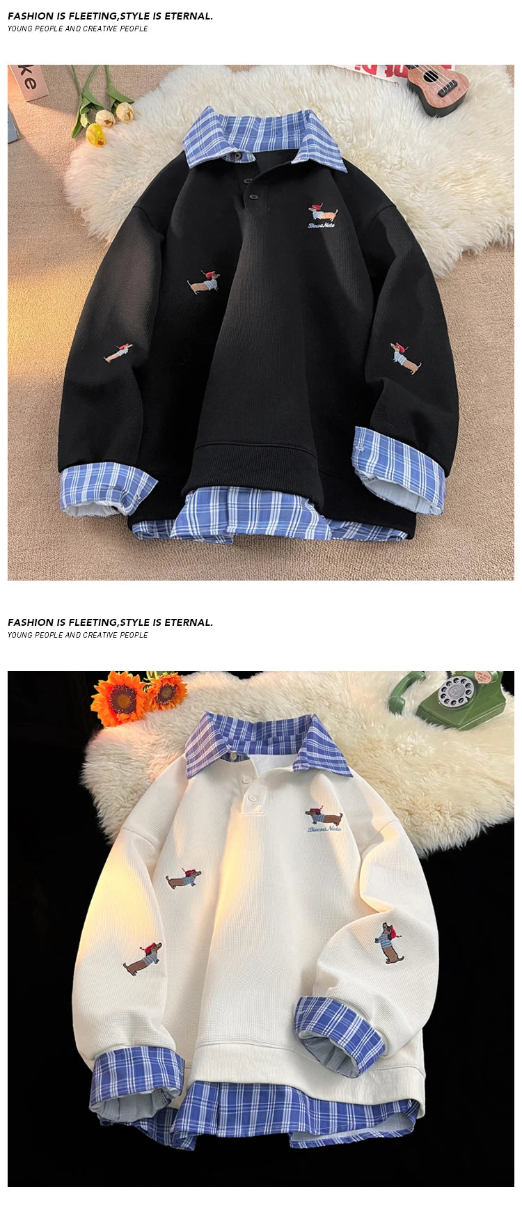 Unisex Plaid Patchwork Fake Two Sweatshirt, College Style Puppy Embroidery, POLO Collar