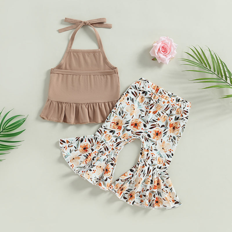 6-24M 2Pcs Baby Girls  Summer Clothing Set, Lacing Halterneck Vest with Flower Print Flare Pants