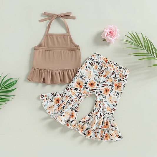 6-24M 2Pcs Baby Girls  Summer Clothing Set, Lacing Halterneck Vest with Flower Print Flare Pants