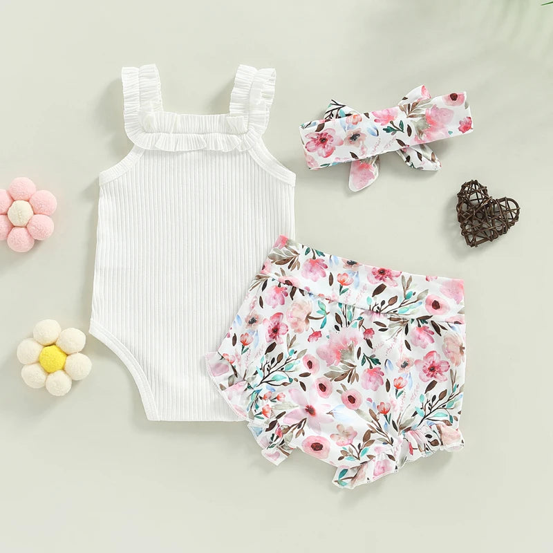 3-18M Baby Girls Shorts Set, Sleeveless Romper, Flower/Rainbow/Print Shorts, Hairband