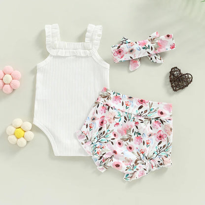 3-18M Baby Girls Shorts Set, Sleeveless Romper, Flower/Rainbow/Print Shorts, Hairband