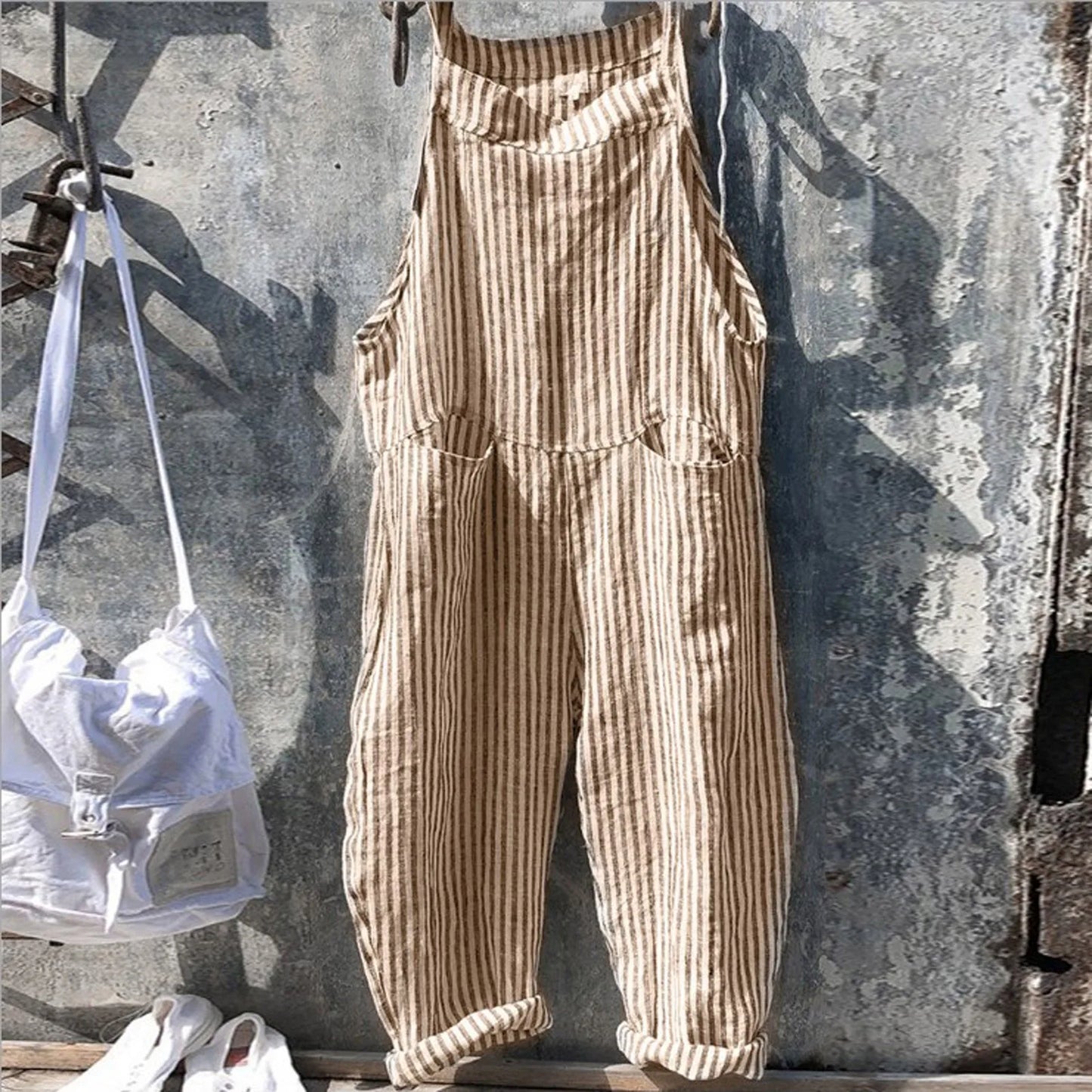 Casual Striped Overalls, Loose Fit, Suspenders, Wide Leg Pants With Pockets