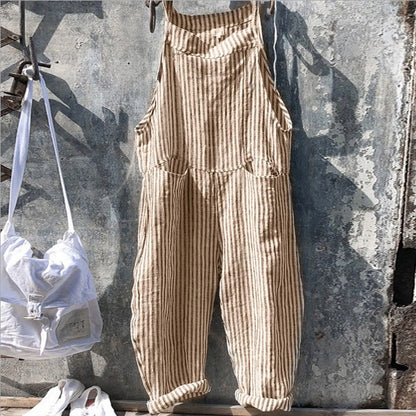 Casual Striped Overalls, Loose Fit, Suspenders, Wide Leg Pants With Pockets
