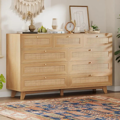 9 Drawer Dresser with Natural Rattan Drawers