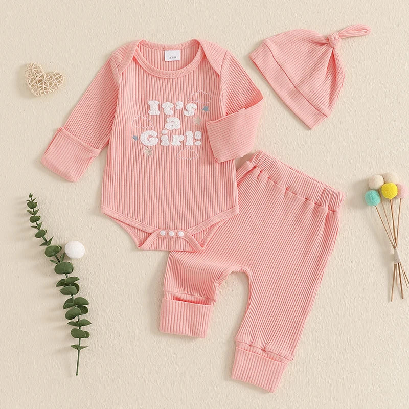 Baby Boys/Girls 3PCS Outfit, Long Sleeve Crew Neck, Letter Embroidery Romper, Solid Color Pants & Hat