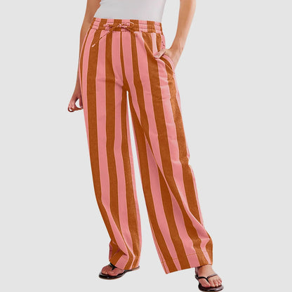 Women Casual Baggy Trousers, Striped Color Blocking, High Waist, Wide Leg, Pockets