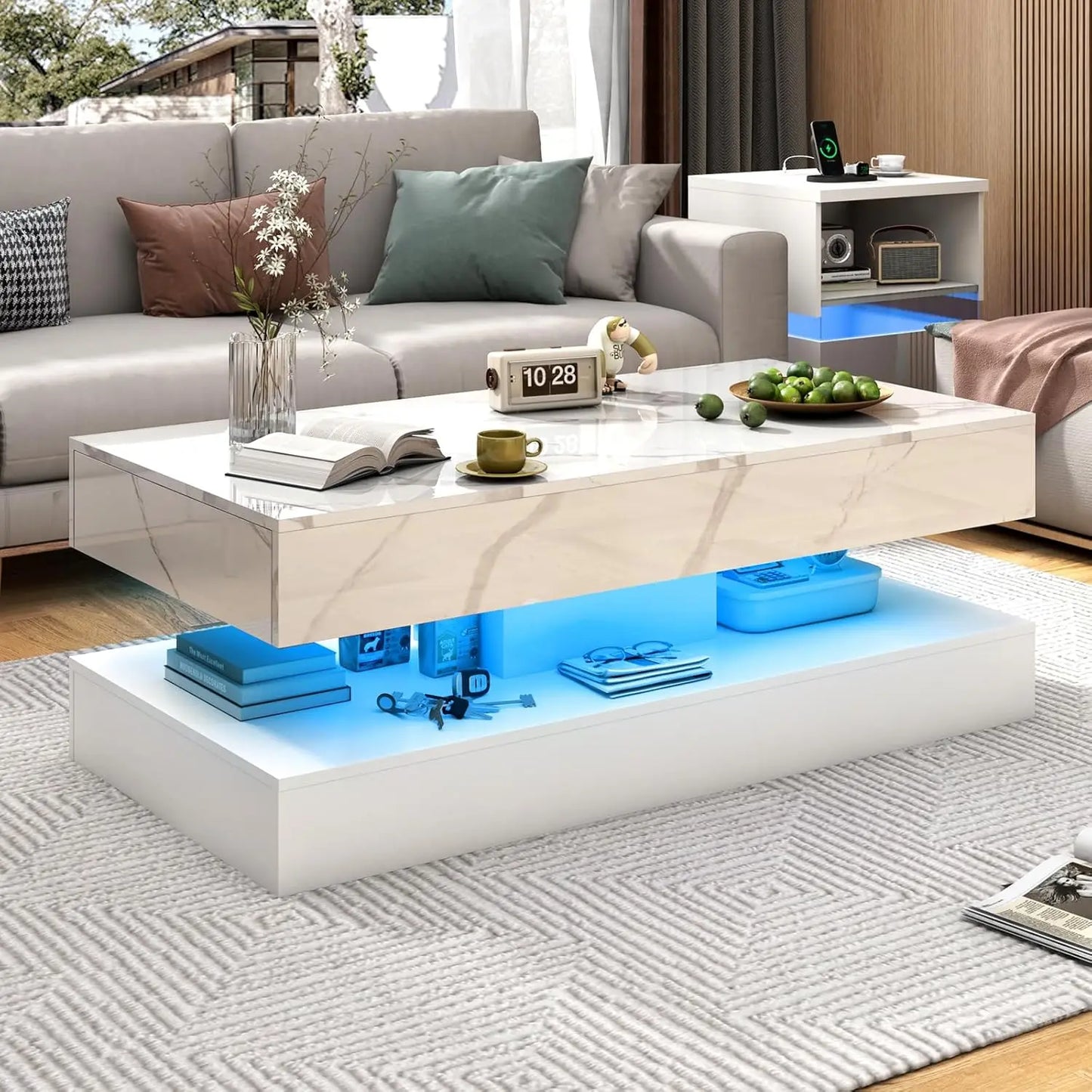 Modern Stylish Coffee Table with 2 Storage Drawers and LED lights