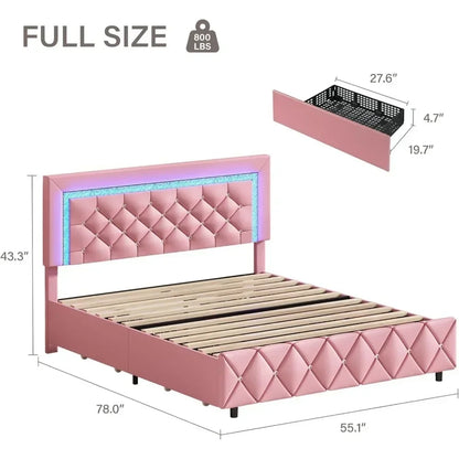 Platform Bed with Diamond Headboard and Footboard with LED, Storage Drawers