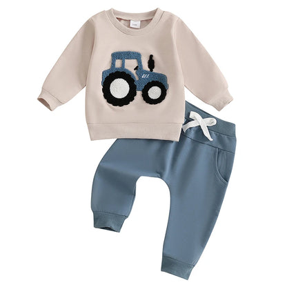 3-36 MO Boy Outfit, Tractor Embroidery Long Sleeve Sweatshirt with Solid Long Pants