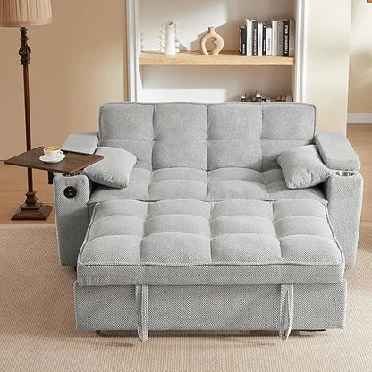 65'' 3-in-1 Queen Size Pullout Sofa, Modern Chenille Fabric, 360° Swivel Side Table