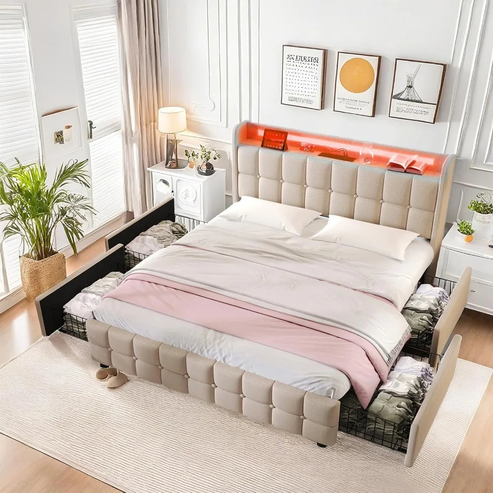 Multiple Color LED Bed Frame with Charging Station, Featuring 2-Tier Headboard, 4 Storage drawers