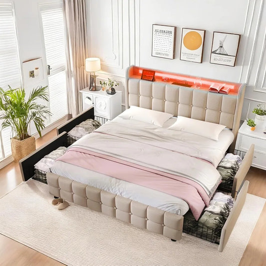 Multiple Color LED Bed Frame with Charging Station, Featuring 2-Tier Headboard, 4 Storage drawers